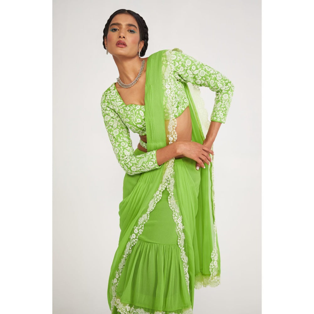 Asaga Flora Tiered Green Pre Draped Saree and Embroidered Stitched Blouse with Belt (Set of 3)