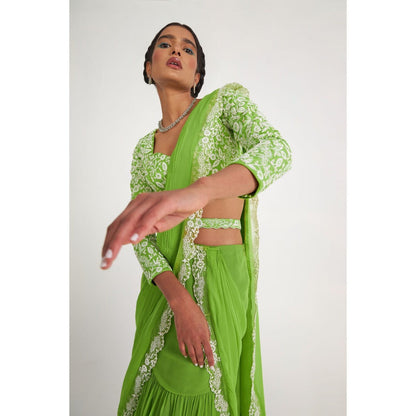 Asaga Flora Tiered Green Pre Draped Saree and Embroidered Stitched Blouse with Belt (Set of 3)