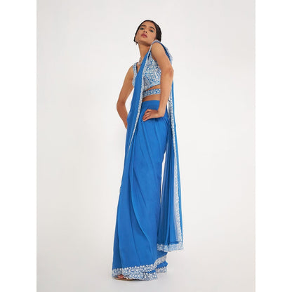 Asaga Della Blue Pre Drape Saree and Embroidered Stitched Blouse with Belt (Set of 3)
