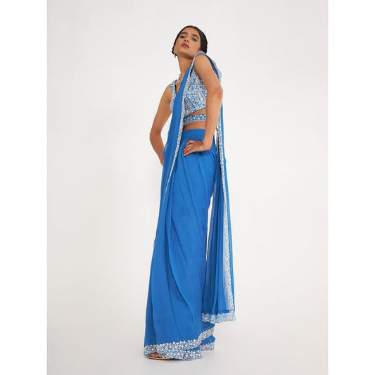 Asaga Della Blue Pre Drape Saree and Embroidered Stitched Blouse with Belt (Set of 3)