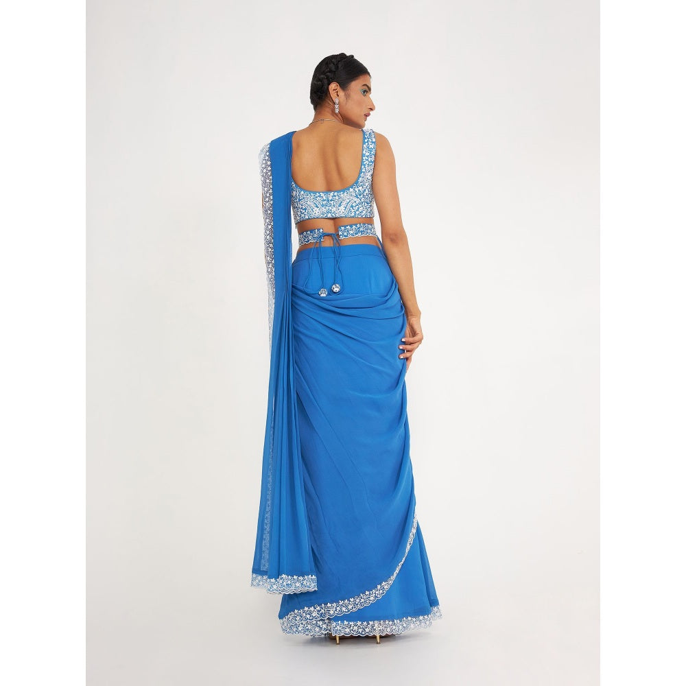 Asaga Della Blue Pre Drape Saree and Embroidered Stitched Blouse with Belt (Set of 3)