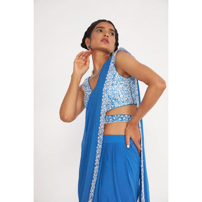Asaga Della Blue Pre Drape Saree and Embroidered Stitched Blouse with Belt (Set of 3)