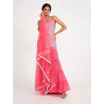 Asaga Clover Candy Pink Embroidered Kurti with Sharara and Organza Dupatta (Set of 3)