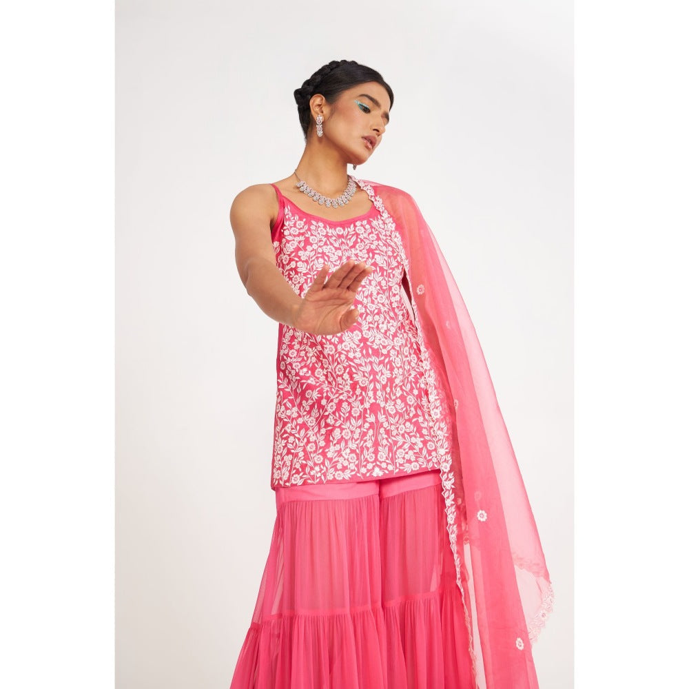 Asaga Clover Candy Pink Embroidered Kurti with Sharara and Organza Dupatta (Set of 3)