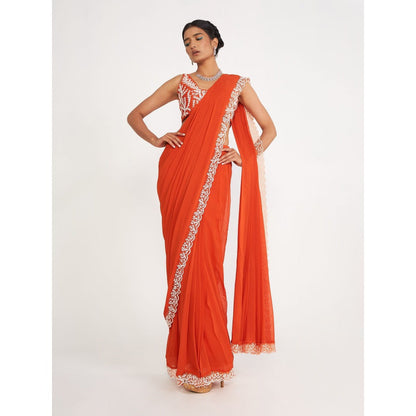 Asaga Zoe Orange Embroidered Stitched Blouse with Pre Draped Saree and Belt