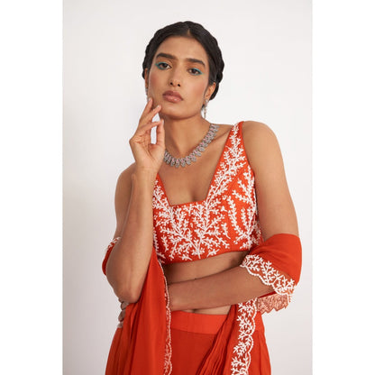 Asaga Zoe Orange Embroidered Stitched Blouse with Pre Draped Saree and Belt
