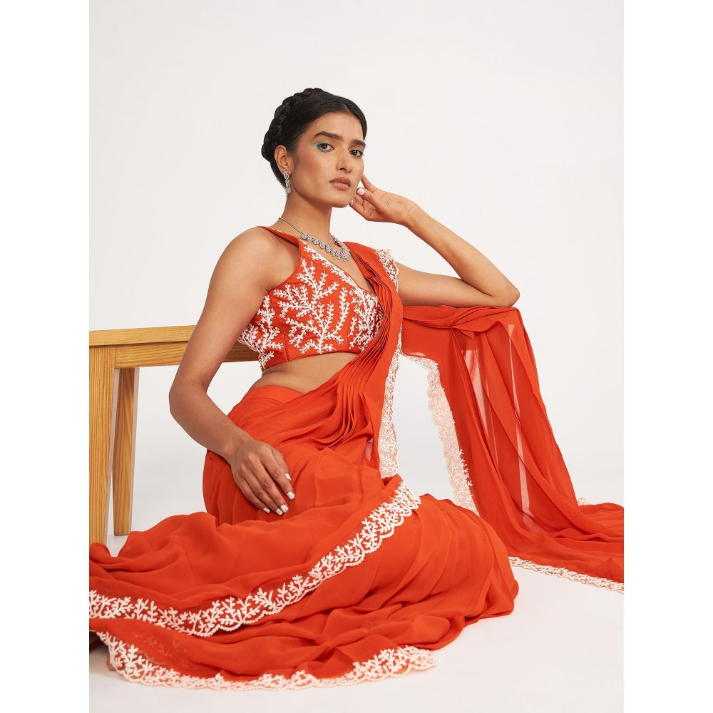 Asaga Zoe Orange Embroidered Stitched Blouse with Pre Draped Saree and Belt