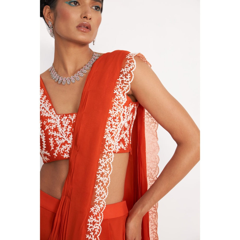 Asaga Zoe Orange Embroidered Stitched Blouse with Pre Draped Saree and Belt