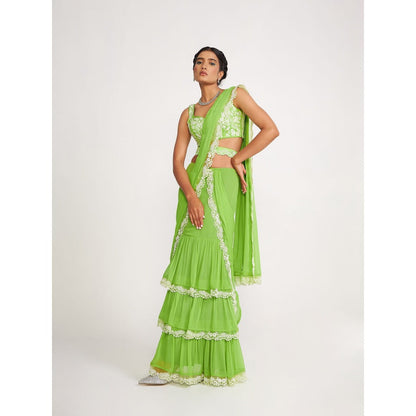Asaga Lucy Green Pre Drape Saree with Embroidered Stitched Blouse and Belt (Set of 3)