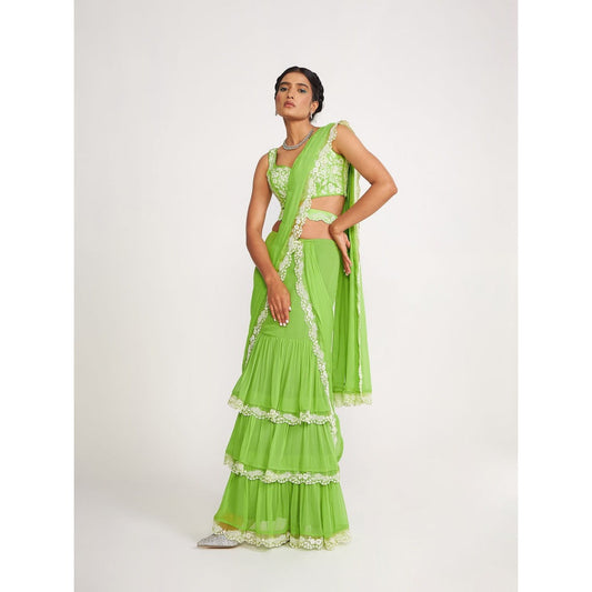 Asaga Lucy Green Pre Drape Saree with Embroidered Stitched Blouse and Belt (Set of 3)