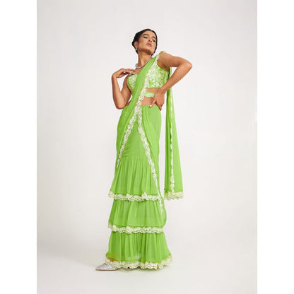 Asaga Lucy Green Pre Drape Saree with Embroidered Stitched Blouse and Belt (Set of 3)