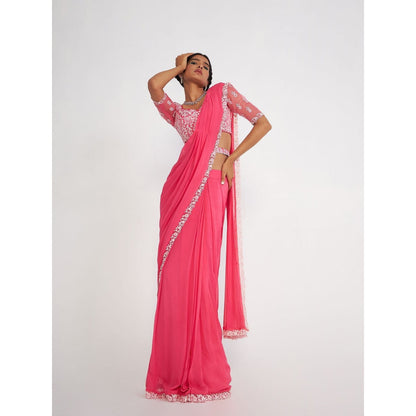 Asaga Cady Pink Pre Drape Saree with Embroidered Stitched Blouse and Belt (Set of 3)
