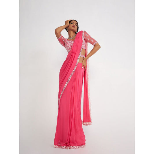 Asaga Cady Pink Pre Drape Saree with Embroidered Stitched Blouse and Belt (Set of 3)
