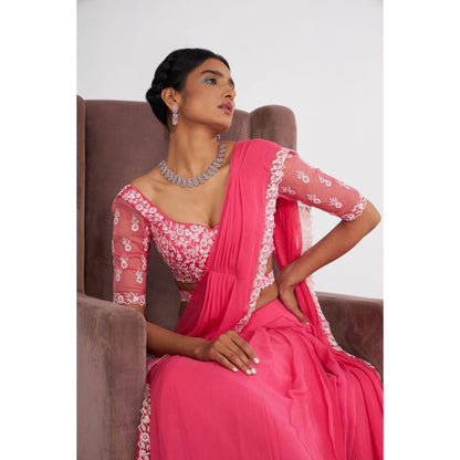 Asaga Cady Pink Pre Drape Saree with Embroidered Stitched Blouse and Belt (Set of 3)