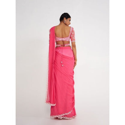 Asaga Cady Pink Pre Drape Saree with Embroidered Stitched Blouse and Belt (Set of 3)