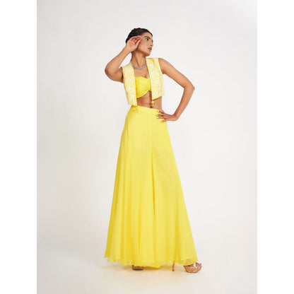 Asaga Clara Lemon Embroidered Silk Bustier with Sharara and Jacket (Set of 4)