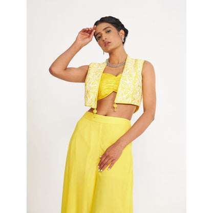 Asaga Clara Lemon Embroidered Silk Bustier with Sharara and Jacket (Set of 4)