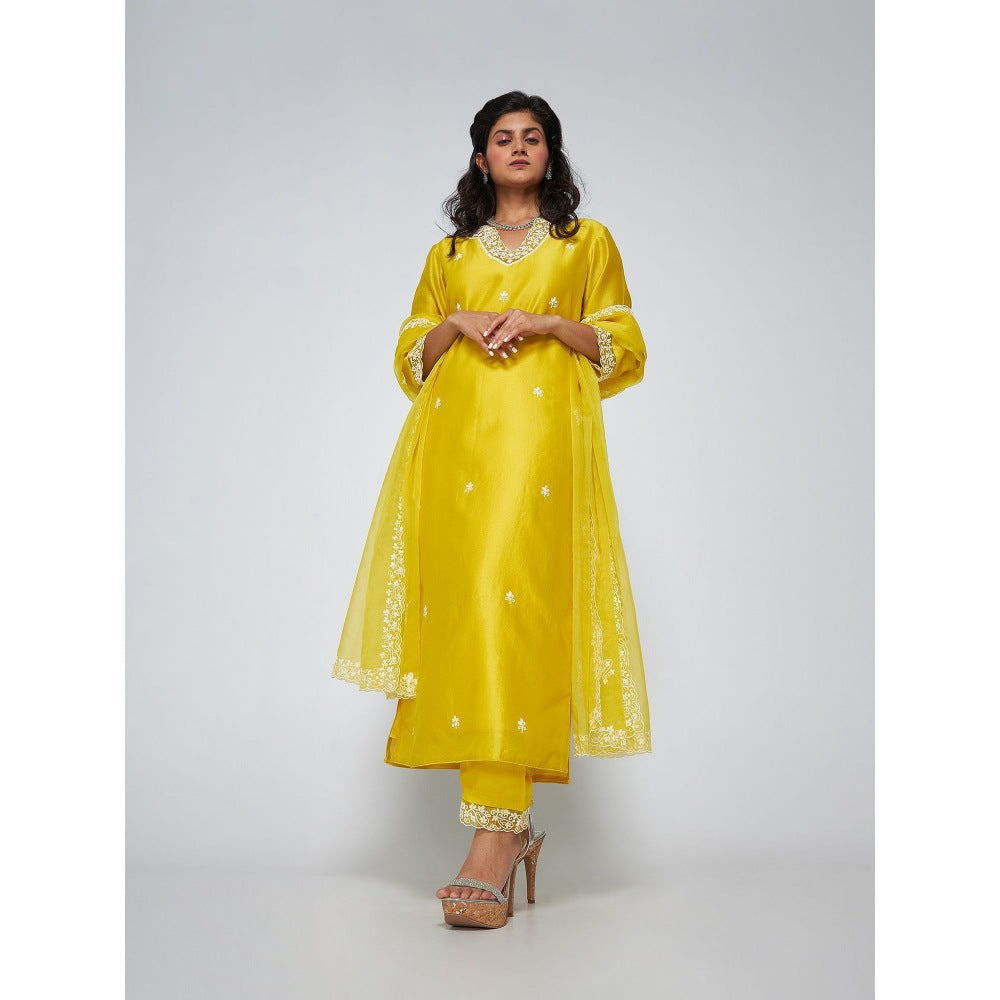 Asaga Iris Lemon Chanderi Embroidered Kurta with Pants and Organza Dupatta (Set of 3)