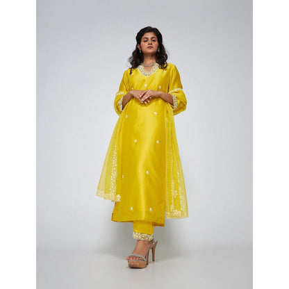 Asaga Iris Lemon Chanderi Embroidered Kurta with Pants and Organza Dupatta (Set of 3)