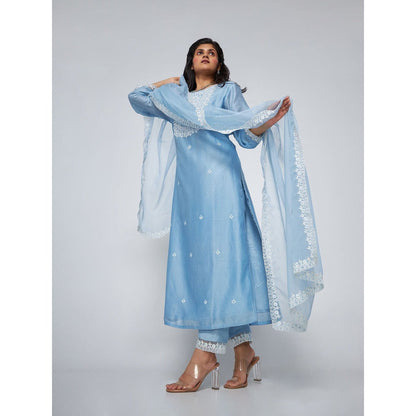 Asaga Bella Baby Blue Chanderi Embroidered Kurta with Pants and Organza Dupatta (Set of 3)
