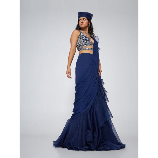 Asaga Ella Navy Blue Pre-Drape Saree with Embroidered Stitched Blouse and Belt (Set of 3)