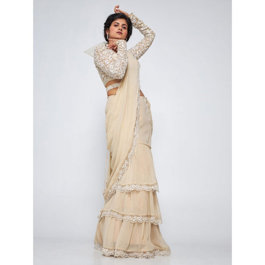 Asaga Kate Beige Pre Drape Saree with Embroidered Stitched Blouse and Belt (Set of 3)