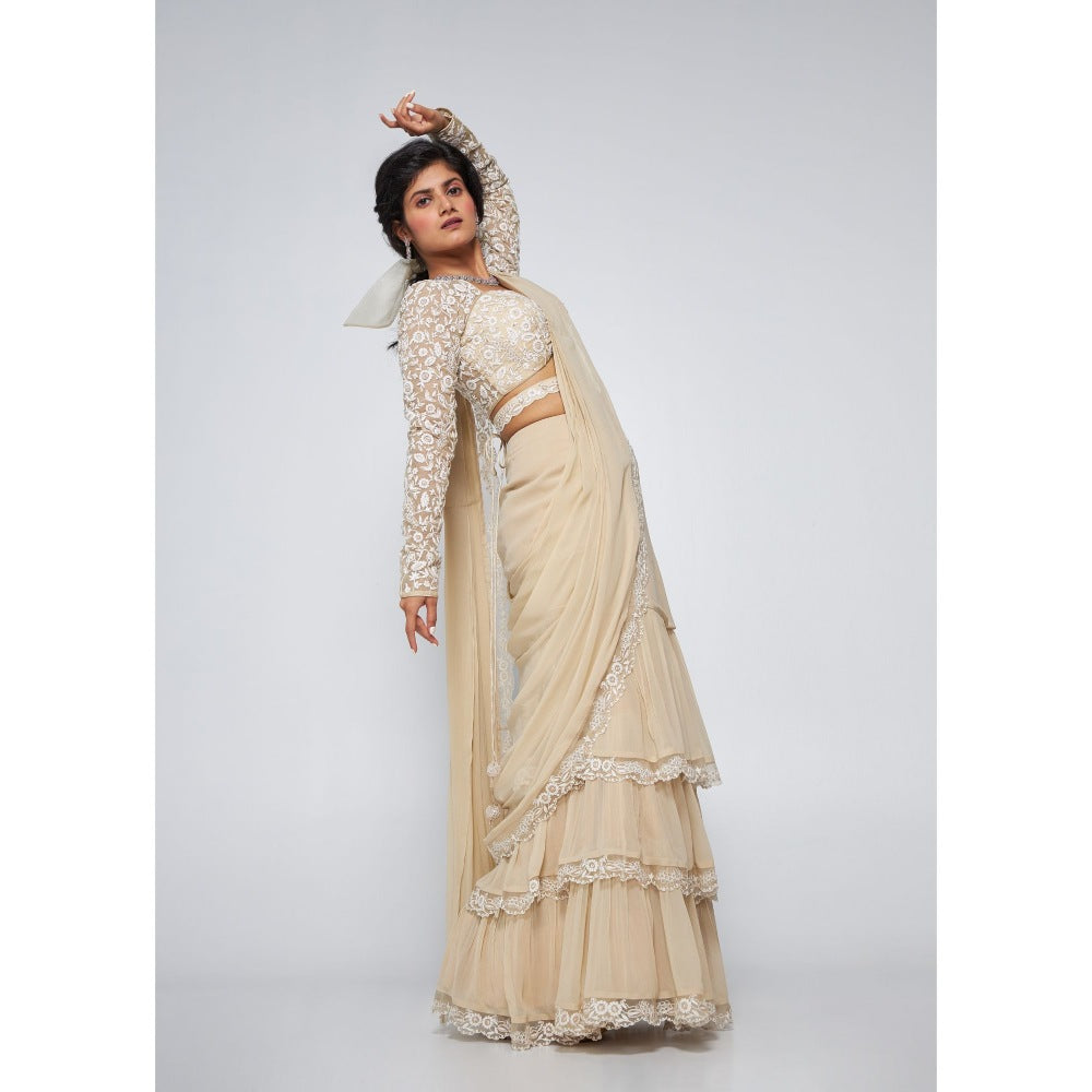 Asaga Kate Beige Pre Drape Saree with Embroidered Stitched Blouse and Belt (Set of 3)