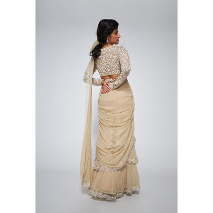 Asaga Kate Beige Pre Drape Saree with Embroidered Stitched Blouse and Belt (Set of 3)