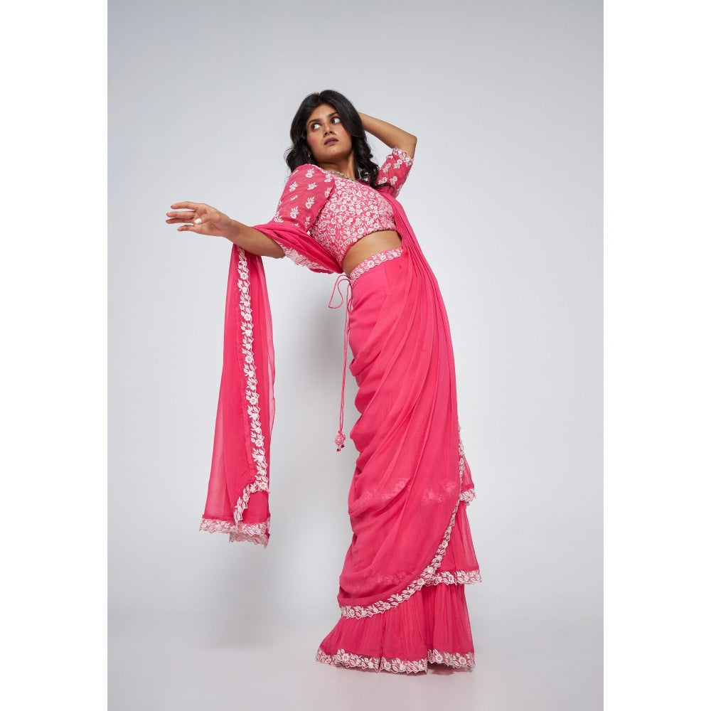 Asaga Jolie Per-Drape Saree with Embroidered Stitched Blouse and Belt (Set of 3)