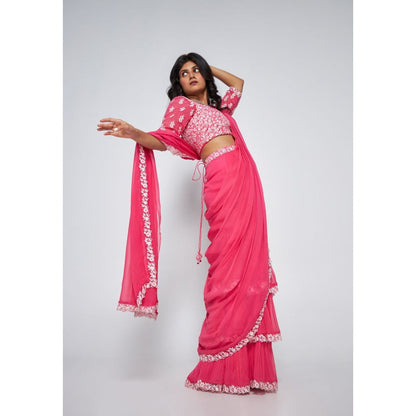 Asaga Jolie Per-Drape Saree with Embroidered Stitched Blouse and Belt (Set of 3)