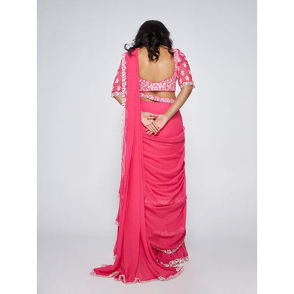 Asaga Jolie Per-Drape Saree with Embroidered Stitched Blouse and Belt (Set of 3)