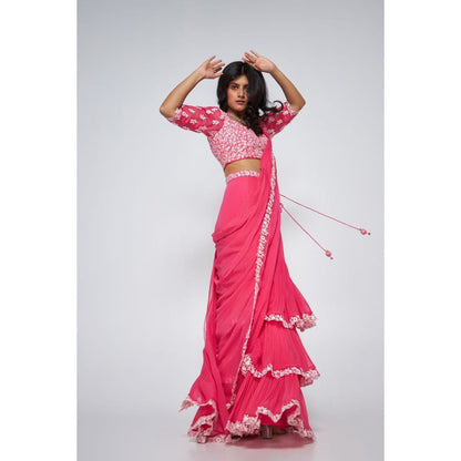 Asaga Jolie Per-Drape Saree with Embroidered Stitched Blouse and Belt (Set of 3)