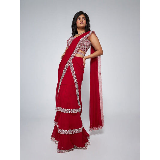 Asaga Keva Maroon Per-Drape Saree with Embroidered Stitched Blouse and Belt (Set of 3)