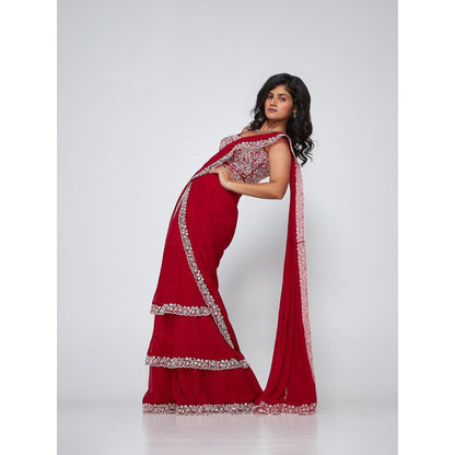 Asaga Keva Maroon Per-Drape Saree with Embroidered Stitched Blouse and Belt (Set of 3)