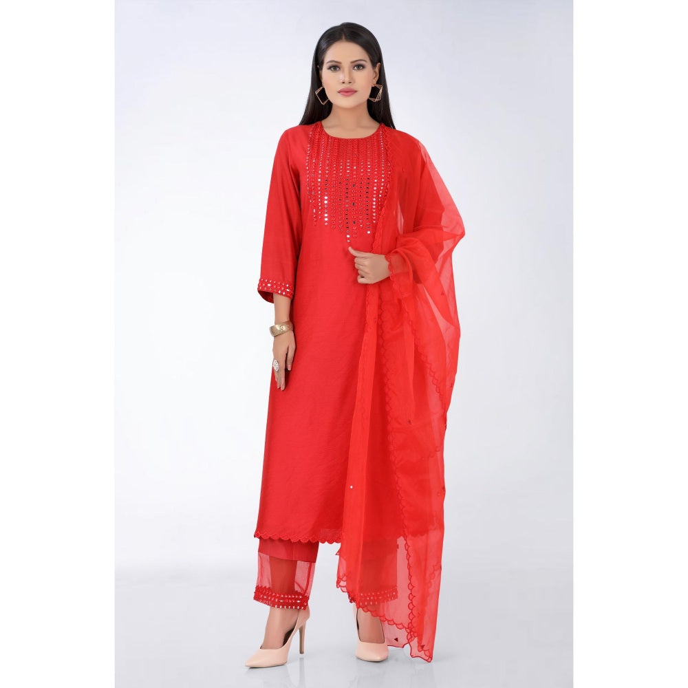 Asaga Red Embroidered Kurta and Pants Paired with Organza Dupatta (Set of 3)