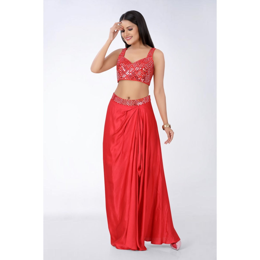 Asaga Red Embroidered Silk Stitched Blouse and Drape Skirt with Organza Jacket (Set of 3)