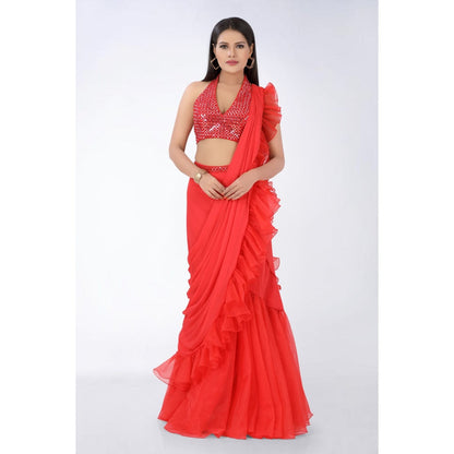 Asaga Red Embroidered Stitched Blouse and Organza Pre Drape Saree with Belt (Set of 3)