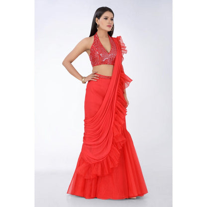 Asaga Red Embroidered Stitched Blouse and Organza Pre Drape Saree with Belt (Set of 3)