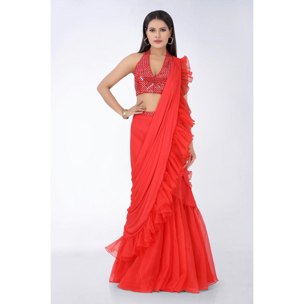 Asaga Red Embroidered Stitched Blouse and Organza Pre Drape Saree with Belt (Set of 3)