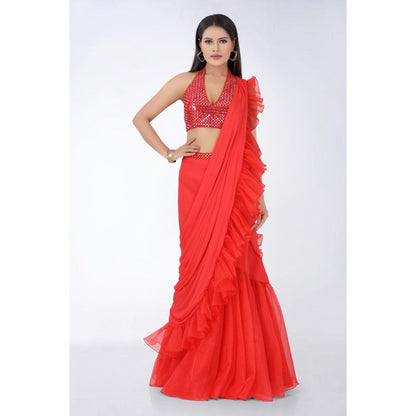 Asaga Red Embroidered Stitched Blouse and Organza Pre Drape Saree with Belt (Set of 3)