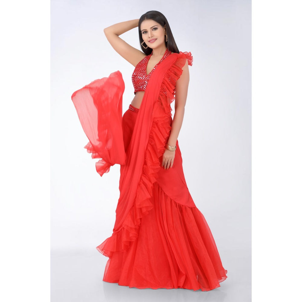 Asaga Red Embroidered Stitched Blouse and Organza Pre Drape Saree with Belt (Set of 3)