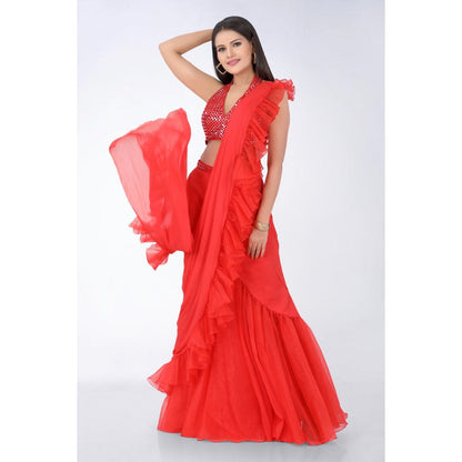 Asaga Red Embroidered Stitched Blouse and Organza Pre Drape Saree with Belt (Set of 3)