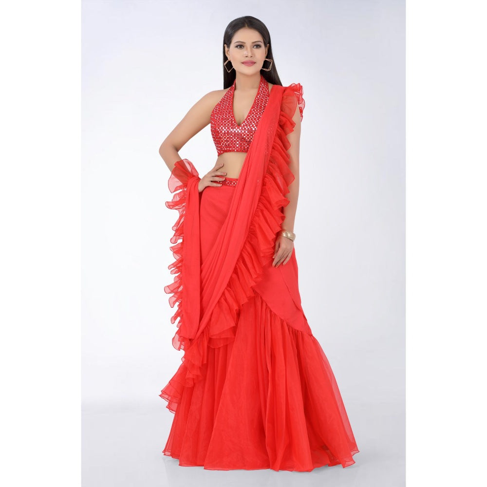 Asaga Red Embroidered Stitched Blouse and Organza Pre Drape Saree with Belt (Set of 3)