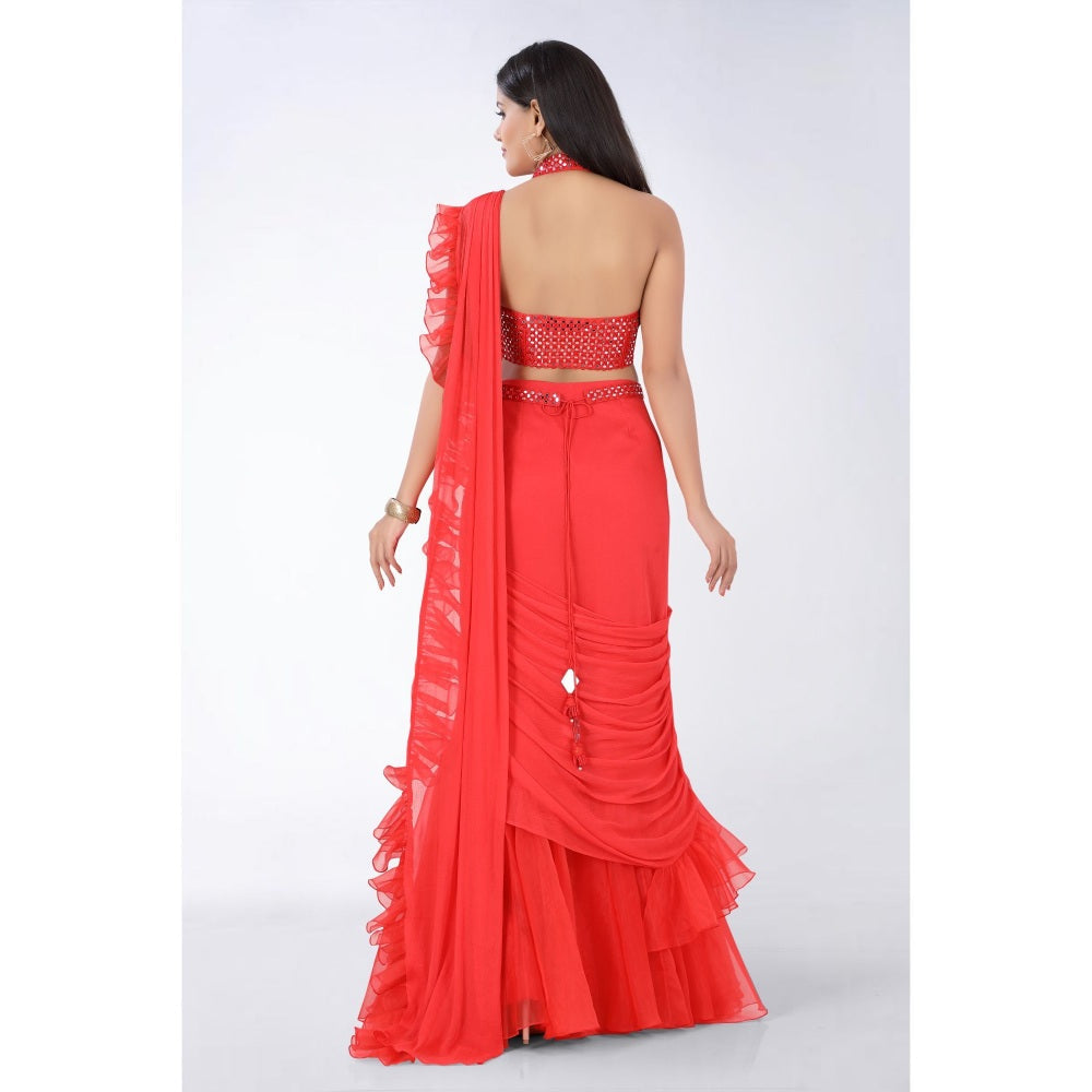 Asaga Red Embroidered Stitched Blouse and Organza Pre Drape Saree with Belt (Set of 3)