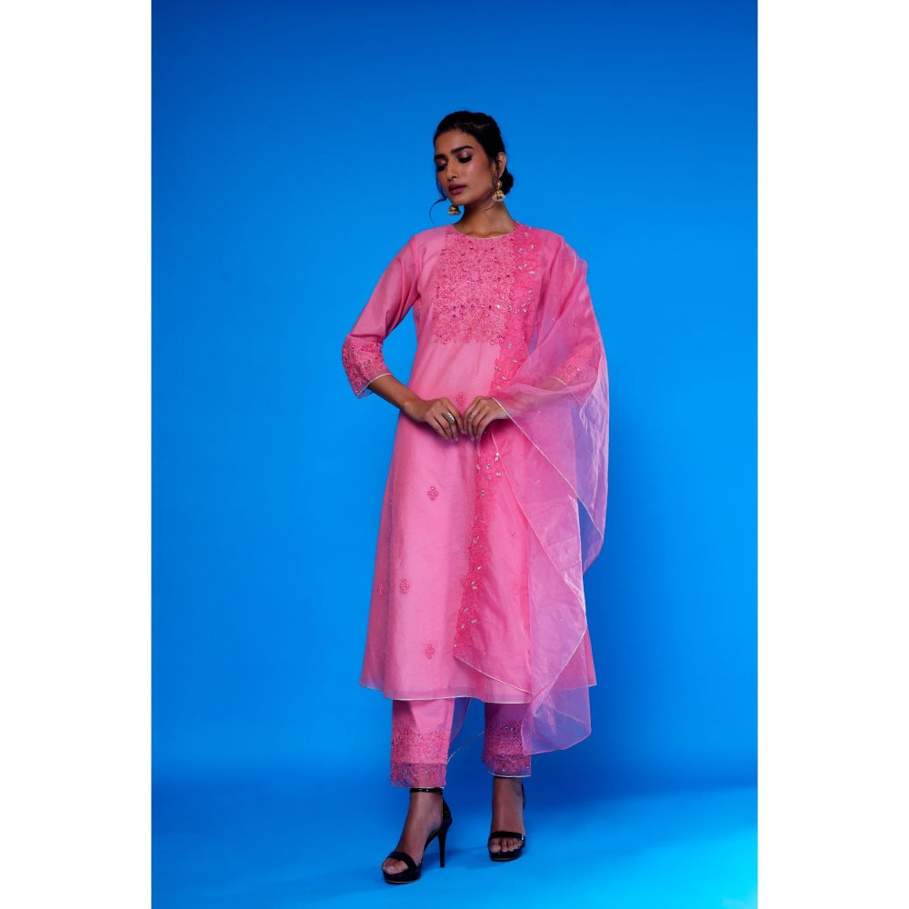 Asaga Baby Pink Embroidered Kurta with Pants and Organza Embroidered Dupatta (Set of 3)