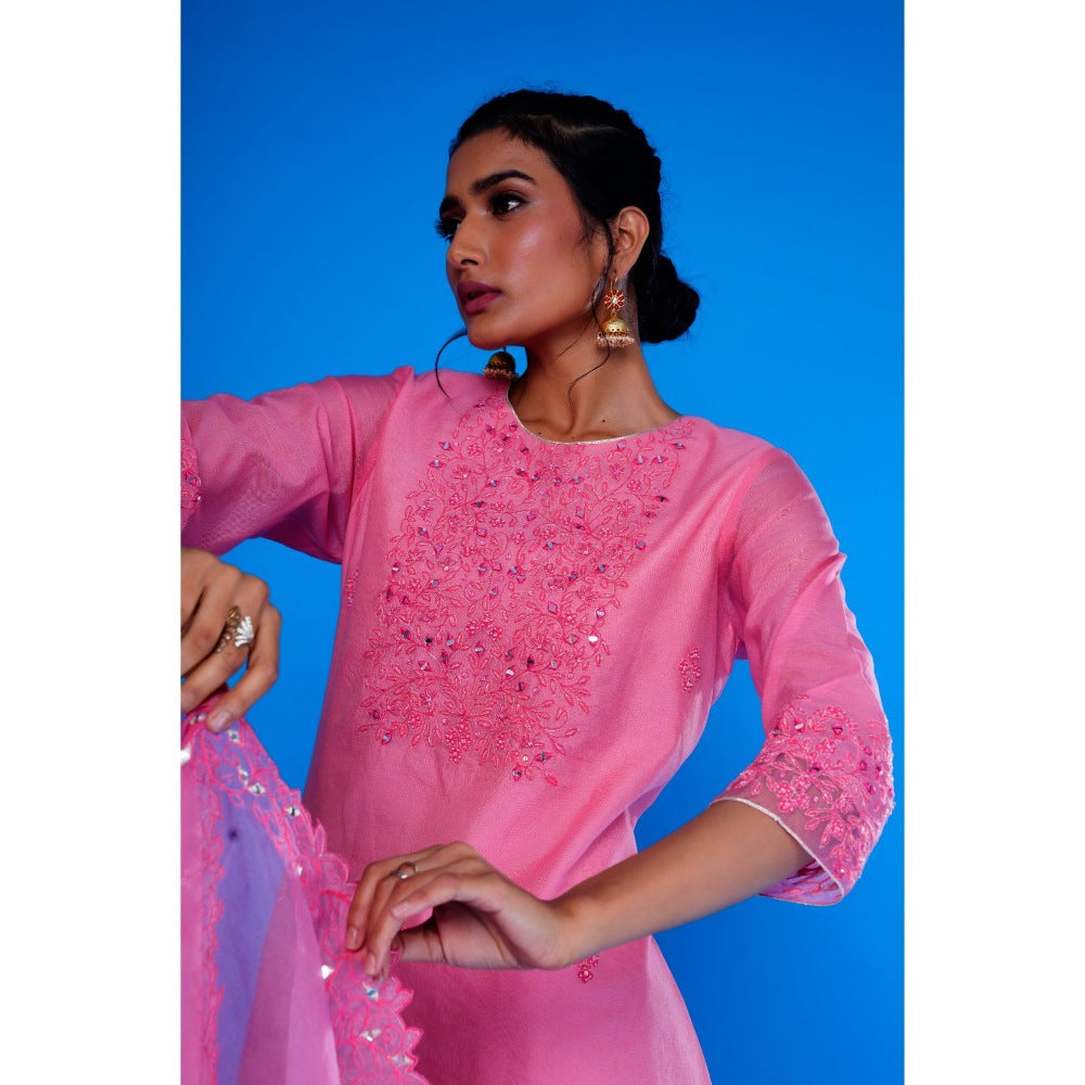 Asaga Baby Pink Embroidered Kurta with Pants and Organza Embroidered Dupatta (Set of 3)