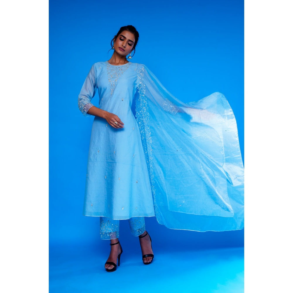 Asaga Blue Embroidered Kurta with Pants and Organza Dupatta (Set of 3)