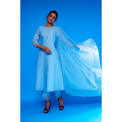 Asaga Blue Embroidered Kurta with Pants and Organza Dupatta (Set of 3)