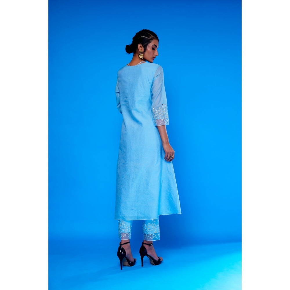 Asaga Blue Embroidered Kurta with Pants and Organza Dupatta (Set of 3)