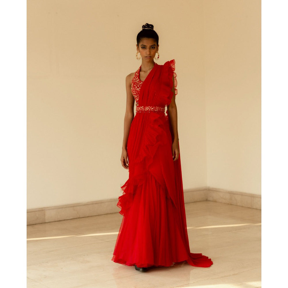 Asaga Red Embroidered Silk Stitched Blouse with Pre Draped Saree with Belt (Set of 4)